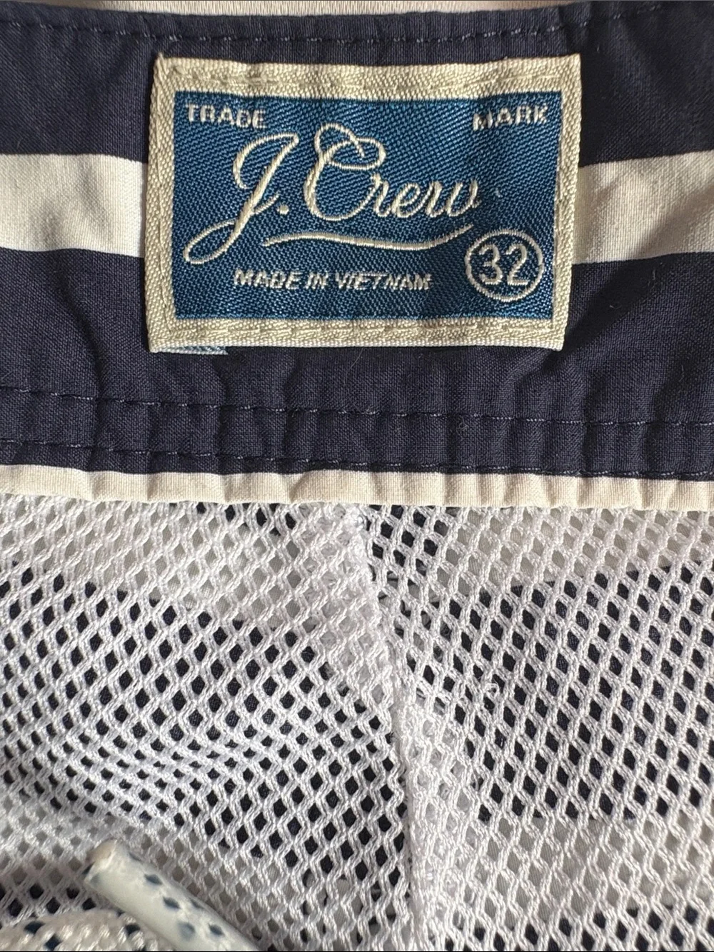 J. Crew Men's Size 32 Navy Blue Striped Lined Swimming Trunks With Drawstrings